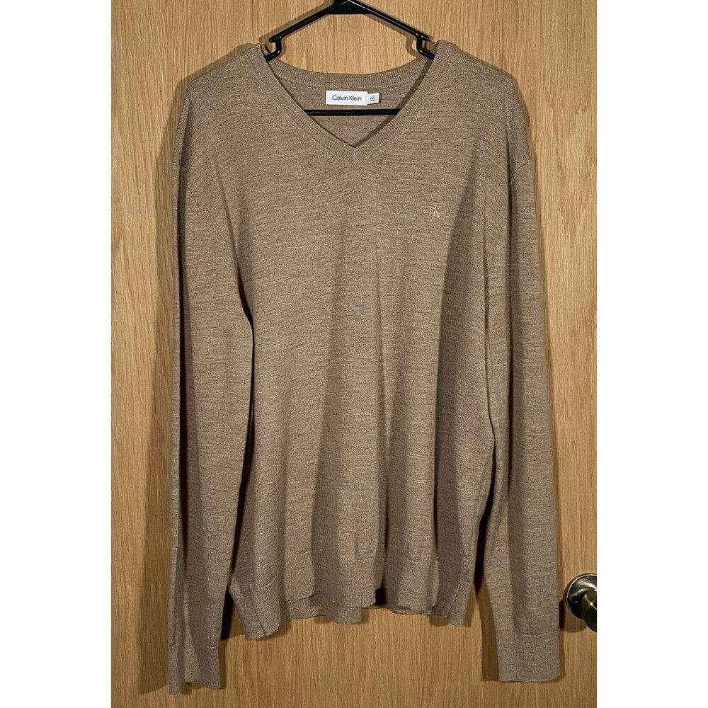 Calvin Klein Men's Sz Lg Sweater V-Neck Wool Blend Preppy GrandpaCore Tan Casual